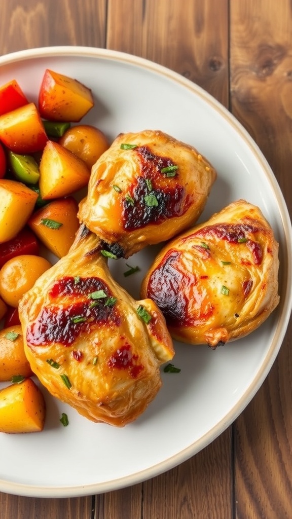 Air Fryer Chicken with Potatoes and Vegetables Recipe Air fryer chicken thighs with crispy potatoes and mixed vegetables on a rustic table.